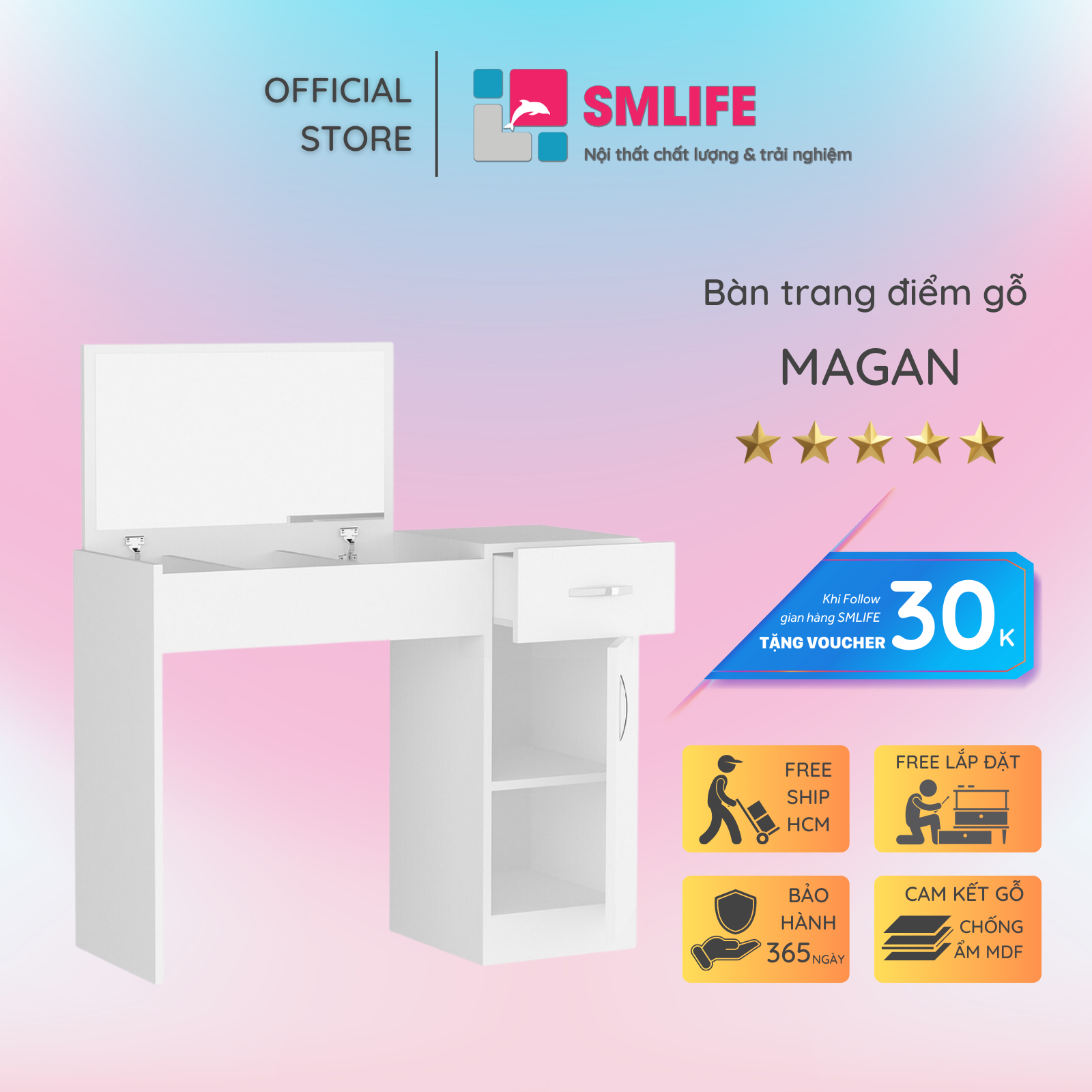 Bàn trang điểm gỗ hiện đại SMLIFE Magan | Gỗ MDF dày 17mm chống ẩm | D100xR35xC115cm