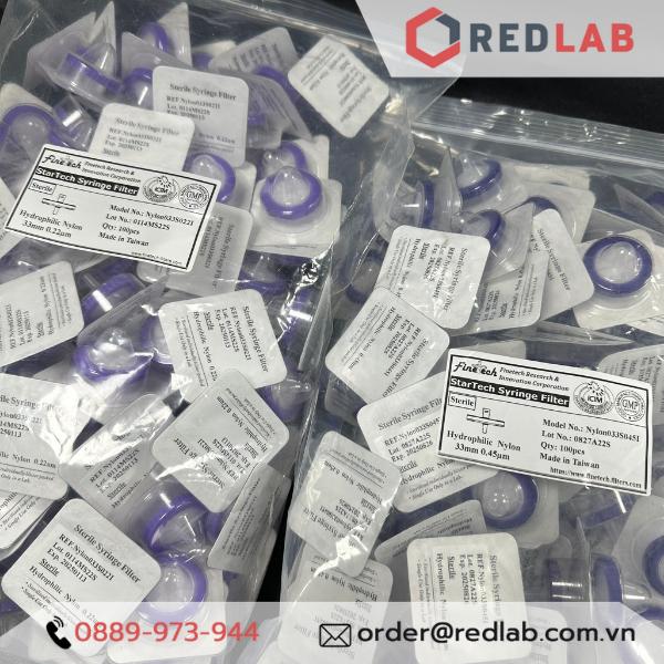 100 Đầu lọc Syringe Nylon tiệt trùng, đường kính 33mm, lỗ lọc 0.22µm và 0.45µm Finetech Nylon033S022I và Nylon033S045I