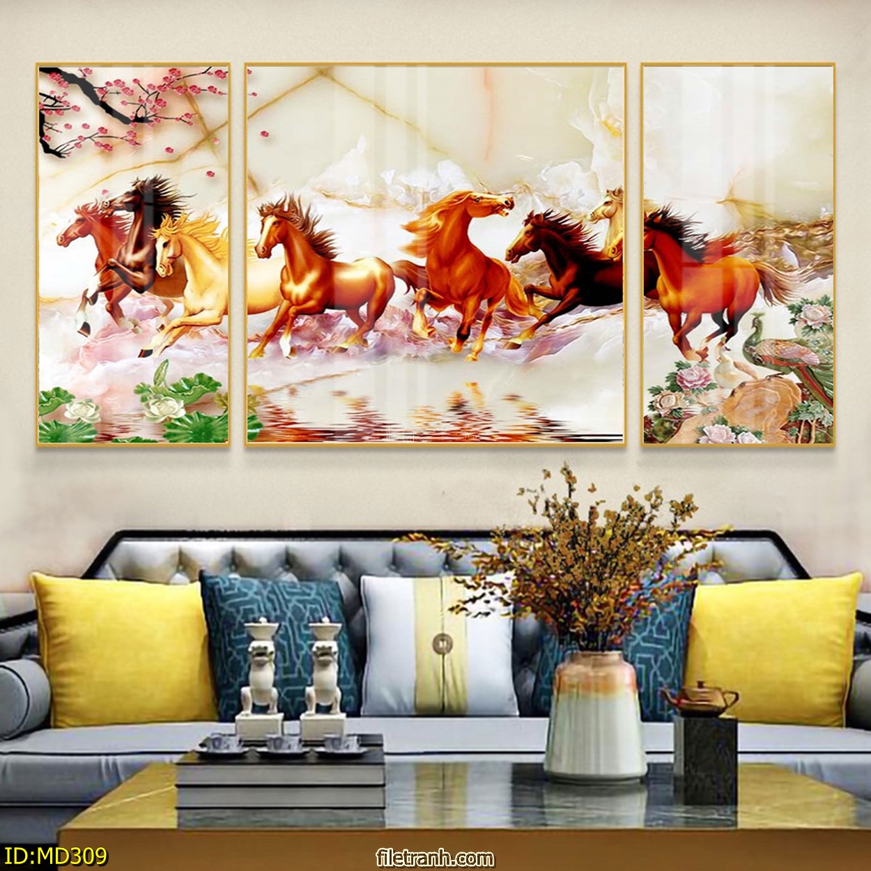 Tranh Canvas Bộ 3 Bức Phong Thủy - Tranh Đàn Ngựa Phi Dũng Mãnh Cao Cấp