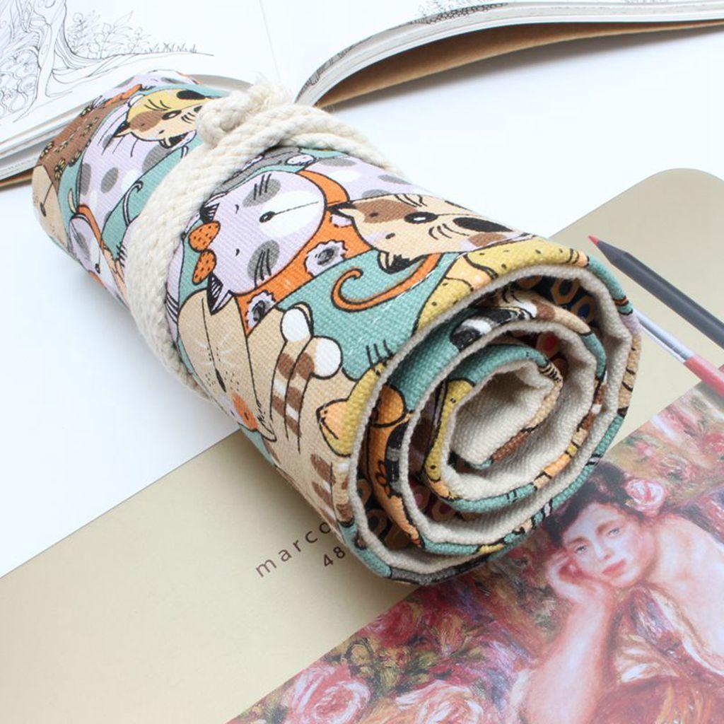Canvas Pencil Wrap Roll up Case Hold for 36 Colored Pencils, Travel Carrying Organizer Holder,Great for Kids Adult - Cat Patterns