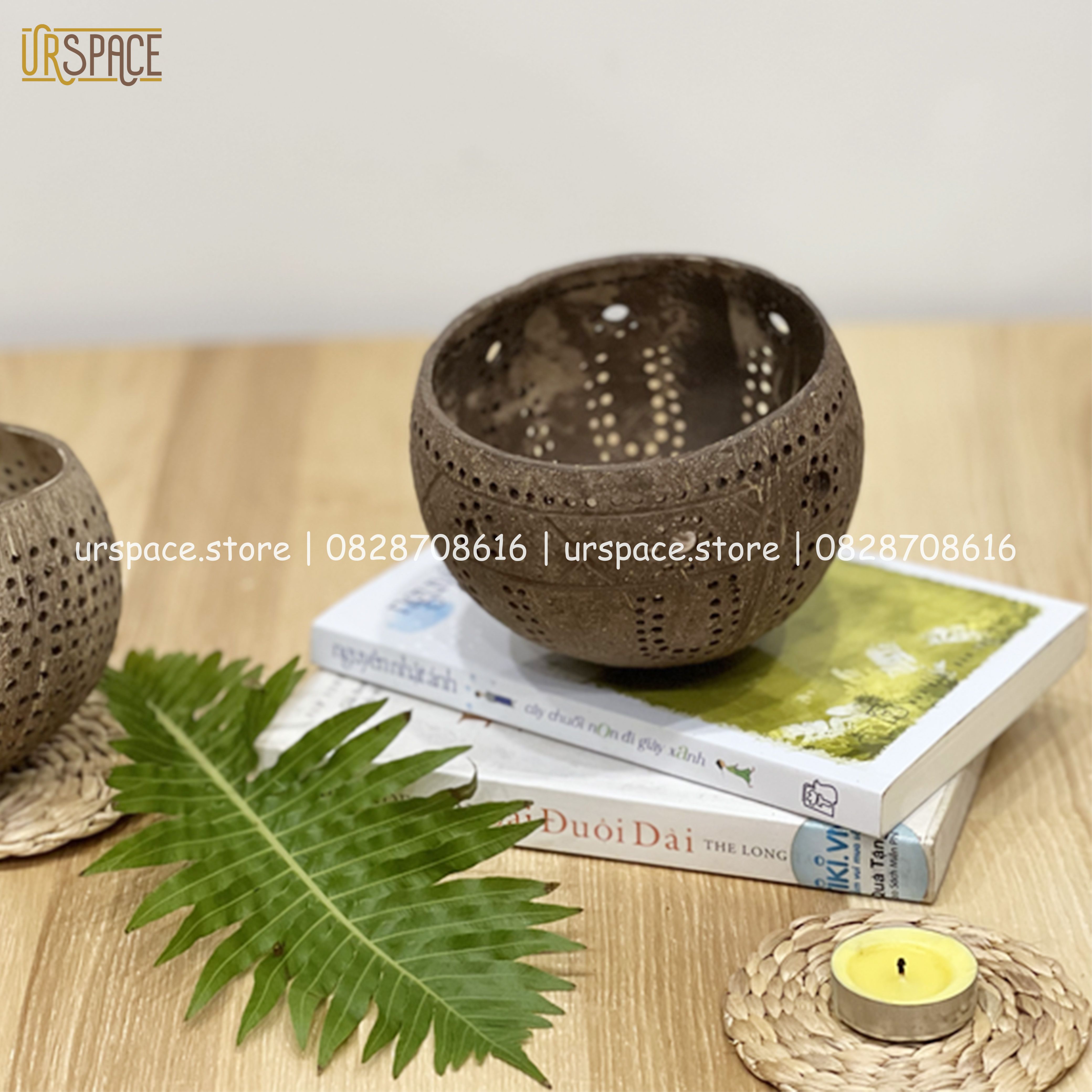 Đèn gáo dừa đèn Trung thu, đèn Hallowen, đèn trang trí spa kèm nến/ Coconut shell candle holder for home decor