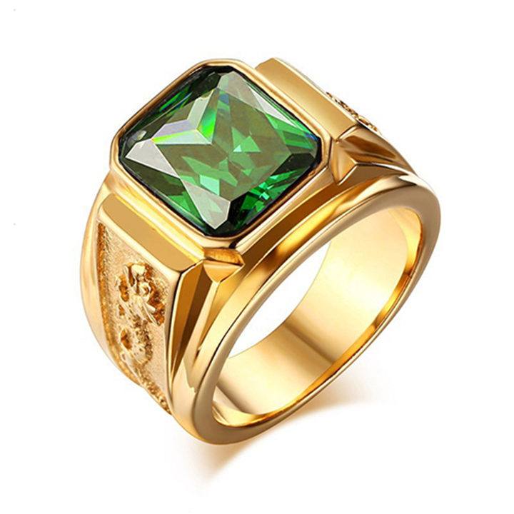Nhẫn nam inox kiểu chạm rồng 2 bên trangsucpt đá xanh lá nhẫn màu mạ vàng thép không gỉ PTNNA253
