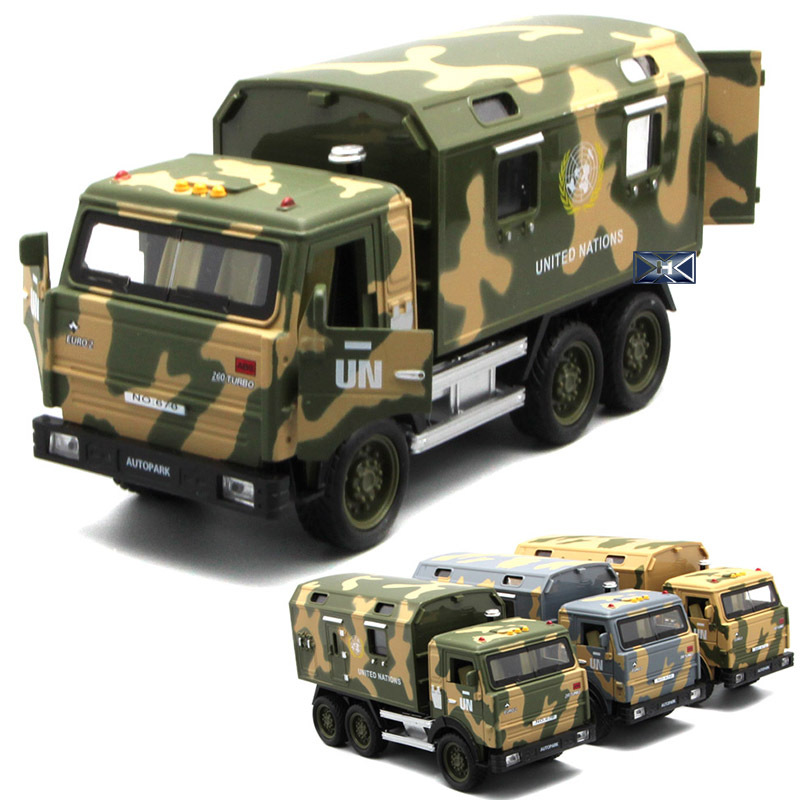 Xe ô tô tải quân đội đồ chơi trẻ em mô hình xe bằng hợp kim tỉ lệ 1:32 có âm thanh động cơ và đèn