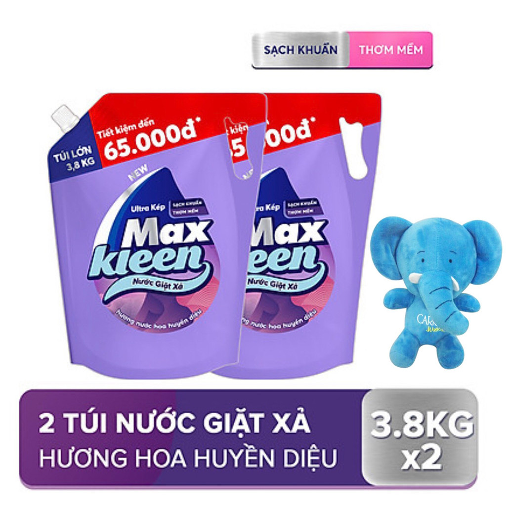 Combo 2 túi nước giặt xả Maxkleen Hương Huyền Diệu 3.8kg/túi Tặng Voi Bông (Giao màu ngẫu nhiên)