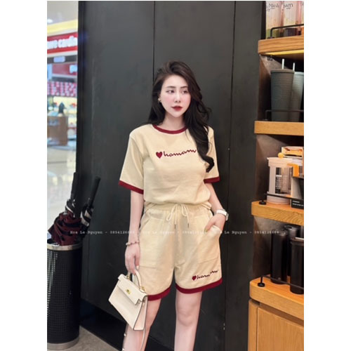 BỘ LEN MTG QC MÀU BE CHỮ ĐỎ NỮ SETN818