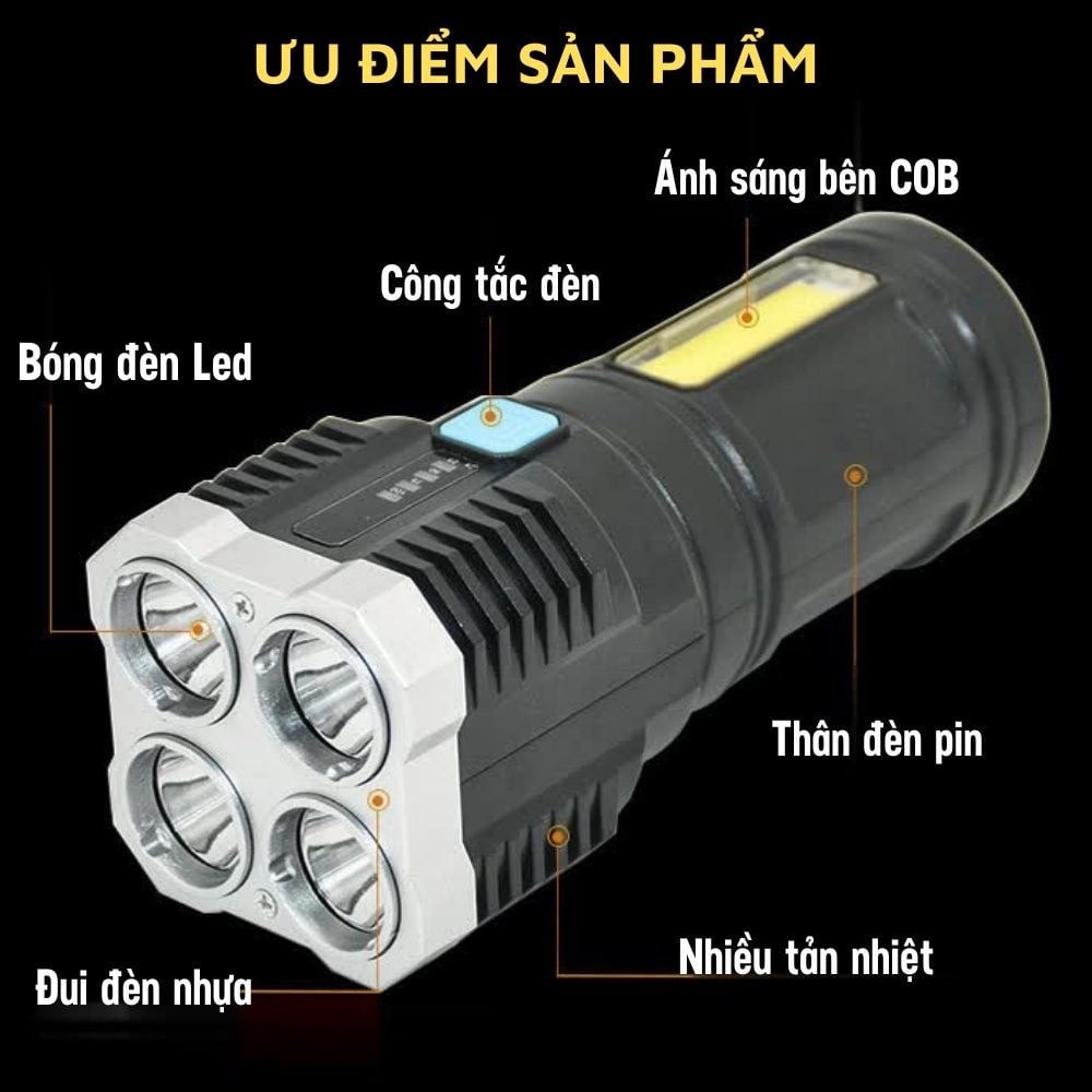 Đèn Pin Cầm Tay Chiếu Xa Siêu Sáng 4 Bóng 4 Chế Độ, Đèn Pin Led cổng sạc USB