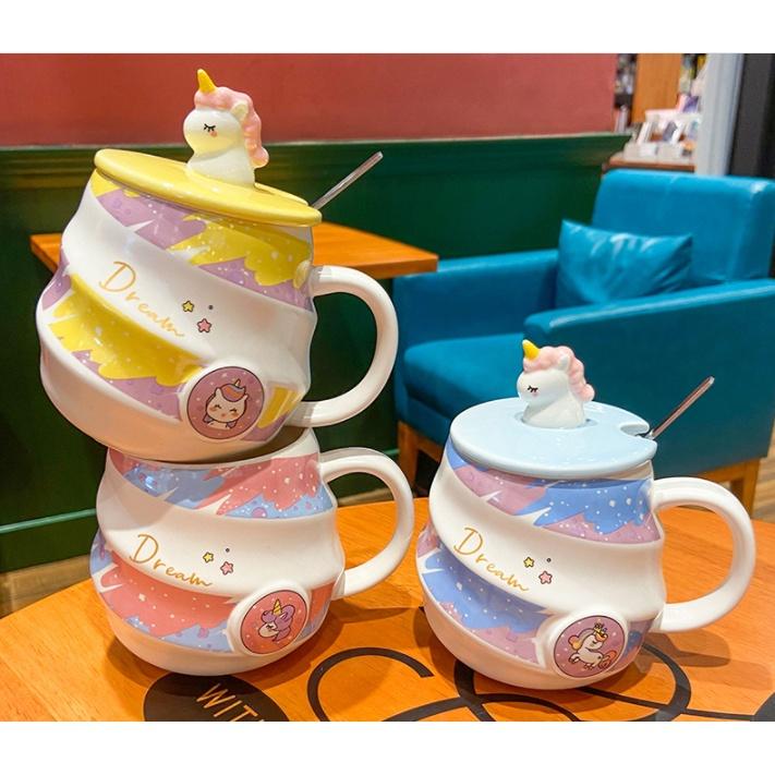 Cốc sứ kỳ lân, thỏ xoáy cầu vồng có nắp thìa - Cốc uống nước họa tiết unicorn dễ thương - quà tặng văn phòng