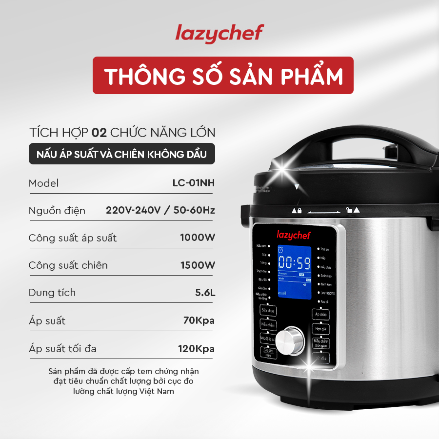 Nồi Chiên Hầm Lazychef 16IN1 - Nồi Áp Suất Cao Cấp Kiêm Nồi Chiên Không Dầu Dung Tích Lớn, Thay Thế Mọi Thiết Bị Nhà Bếp, Hàng Chính Hãng