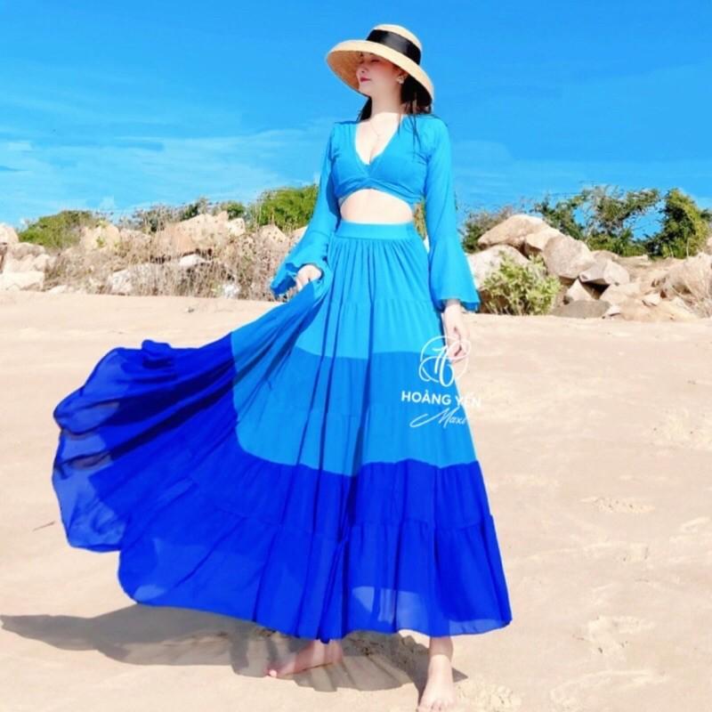 Set đầm maxi xanh dương (coban)/ green/ vàng/ hồng/ đỏ nối tầng tay dài tùng váy siêu xoè