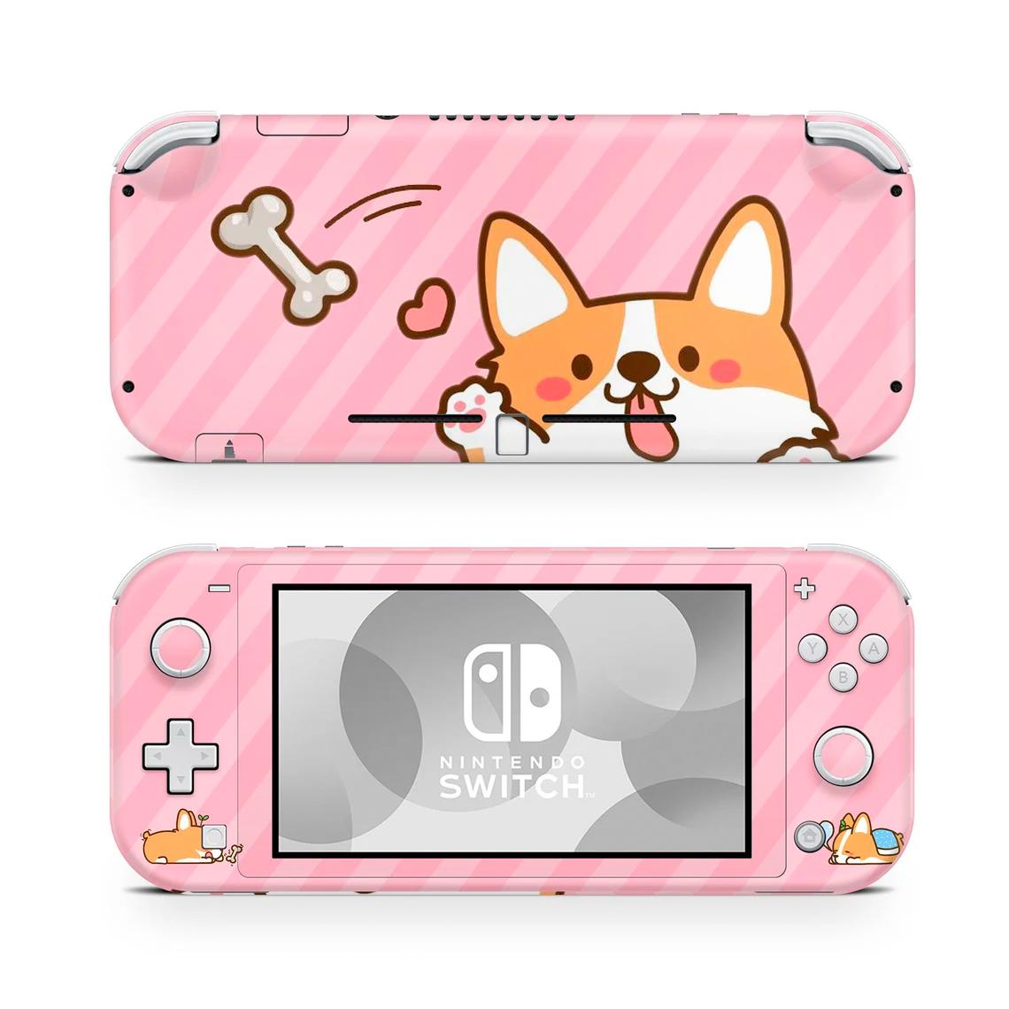 Skin decal dán Nintendo Switch Lite mẫu Corgi Hello sọc hồng (dễ dán, đã cắt sẵn)