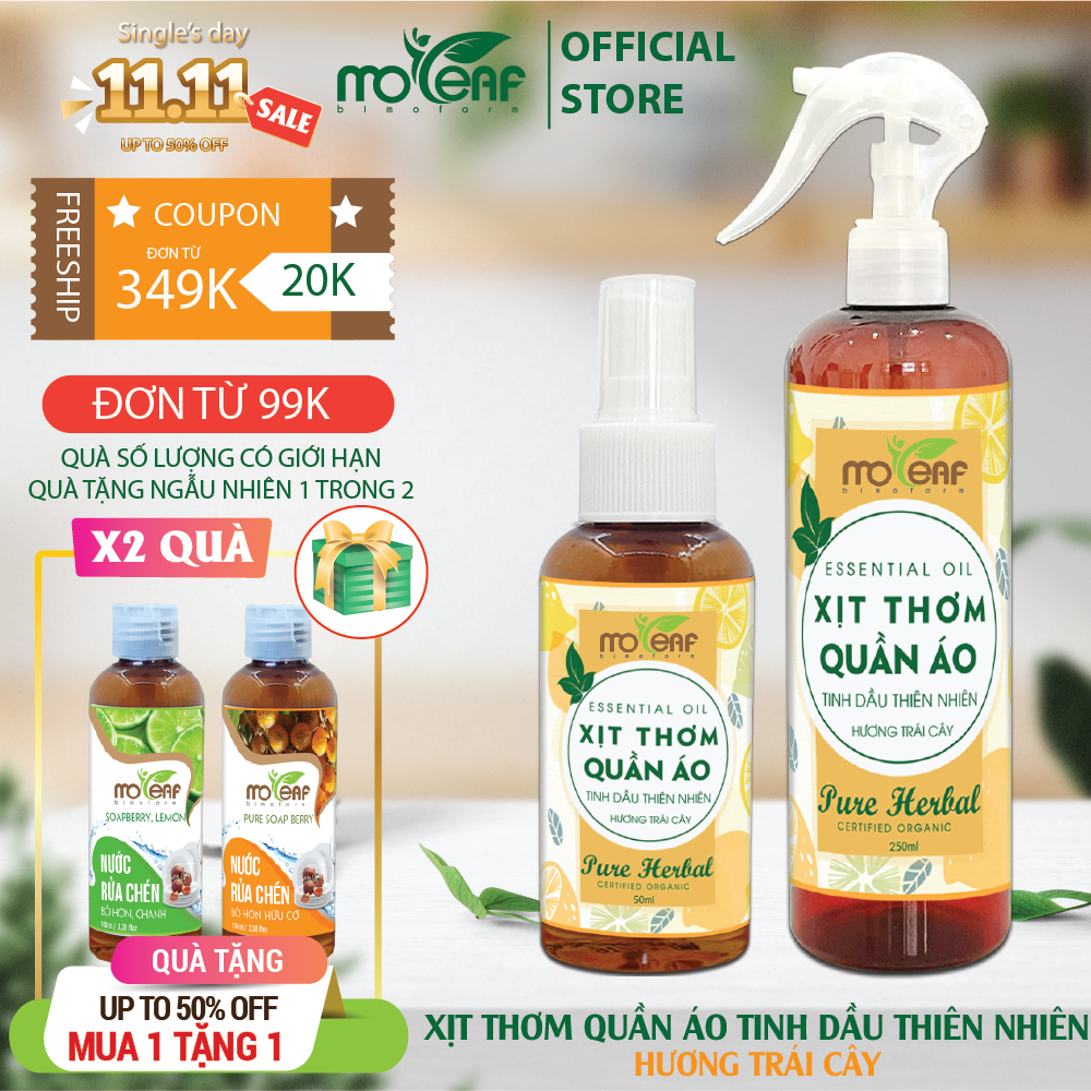Xịt Thơm Quần Áo Hương Trái Cây Moleaf giúp làm phẳng quần áo, khử mùi ẩm mốc với mùi trái cây nhiệt đới ngọt ngào, thanh mát, có thể thay thế nước xả vải, nước hoa