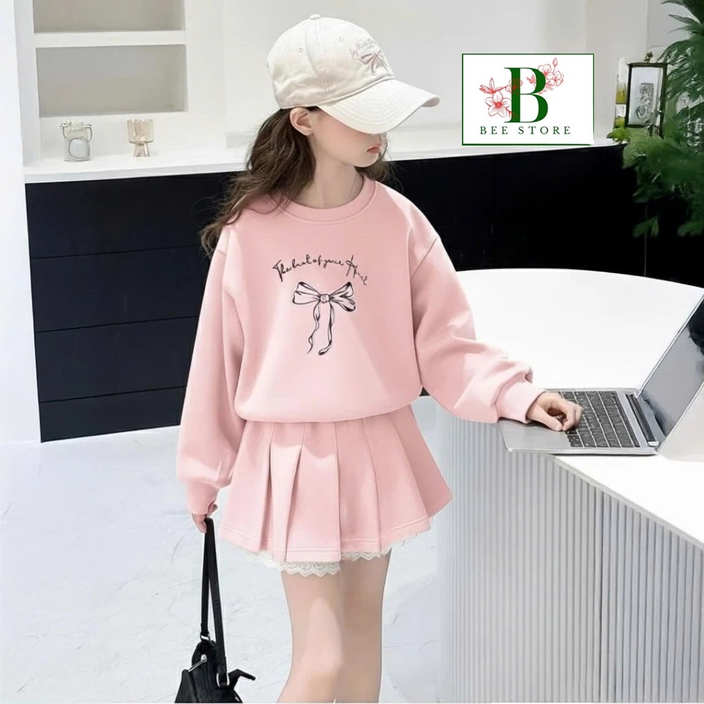 Set Váy Bé Gái Chất Nỉ Da Cá 4C Áo Form Rộng Nơ Mix Chân Váy Xếp Ly Viền Ren Từ 12-45KG Dành Cho Bé Gái