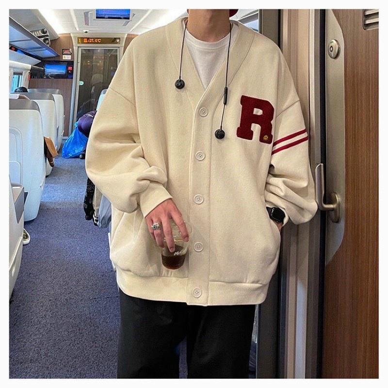 Áo Khoác Cardigan Bomber Nỉ Bông IN LOGO R Sọc Viển Tay Form Rộng Basic Nam Nữ Unisex Ulzzang KUN