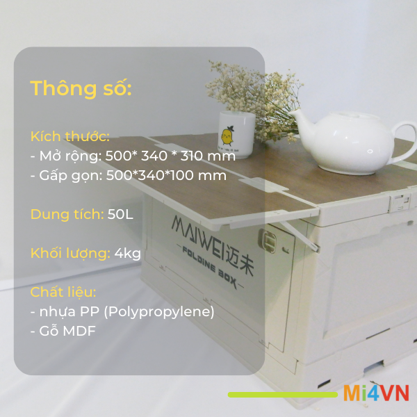 Thùng đựng đồ du lịch đa năng gấp gọn Xiaomi Maiwei có nắp gỗ mở rộng 50L phù hợp với mọi cốp xe, chứa được nhiều đồ, kích thước mở rộng lên tới 50x60 để được rất nhiều đồ