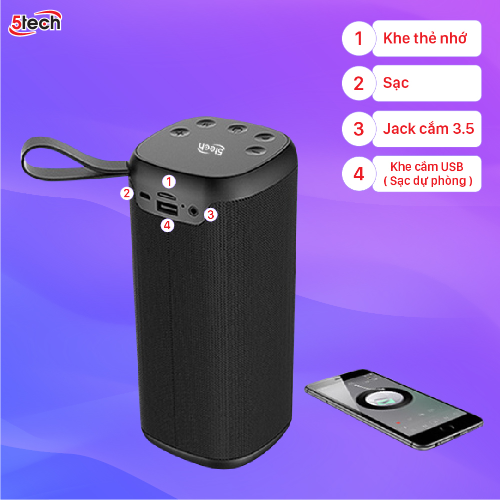 Loa bluetooth 5TECH BS2 hàng chính hãng, loa mini cầm tay di động nghe nhạc cực hay hỗ trợ cắm thẻ nhớ, USB dành cho điện thoại, máy tính...