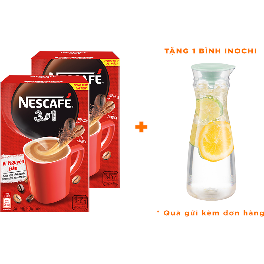 Combo 2 hộp cà phê hòa tan Nescafé 3in1 vị nguyên bản - công thức cải tiến (Hộp 20 gói) - [Tặng 1 bình Inochi]