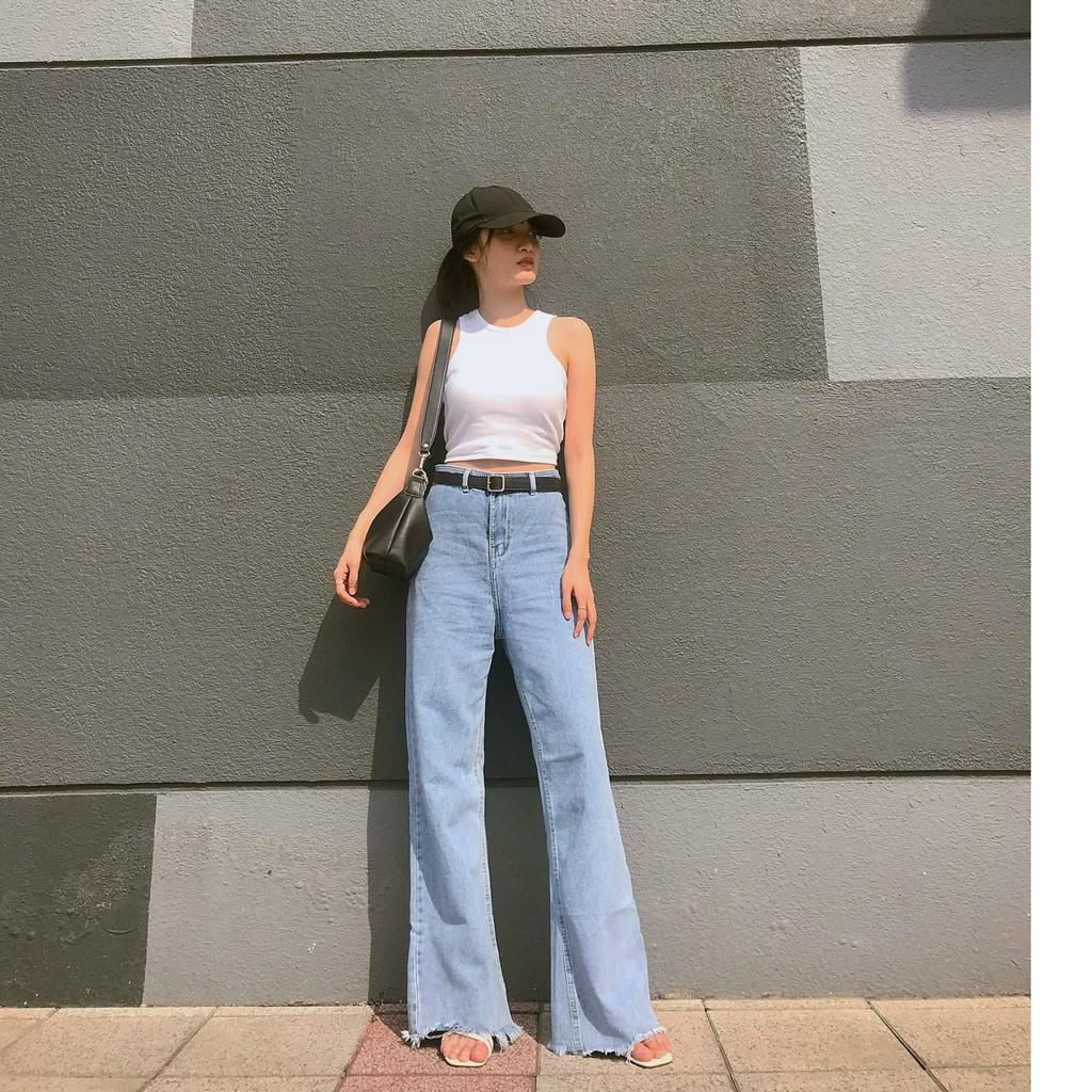 Quần jean nữ ống rộng lưng cao form suông Dài Cao Cấp để phối Hunter, Sneaker, Giày cao gót YUKIBLOOM QJD01