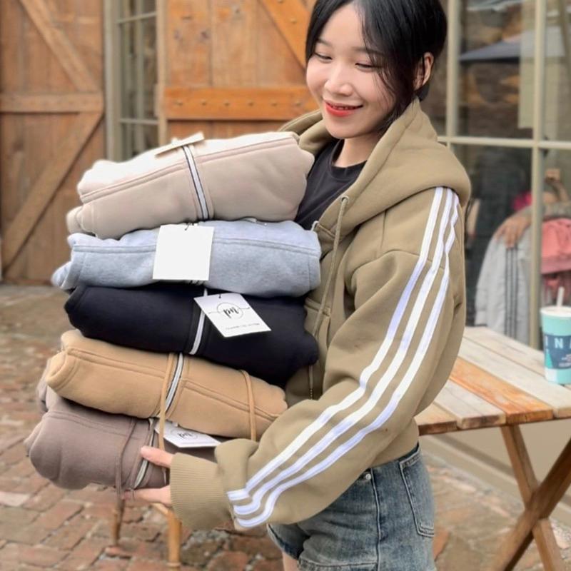 Áo khoác nữ chống nắng Croptop 3 Sọc Dáng Rộng Mũ To 3 sọc bao chất phối đẹp-A2116 - Xám Sọc Nón To