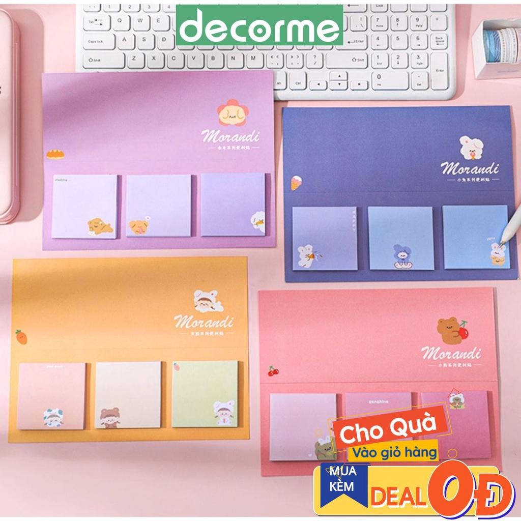 Set 3 tập giấy note Morandi gấu cute Decorme Giấy nhớ hoạt hình gấu đáng yêu văn phòng phẩm