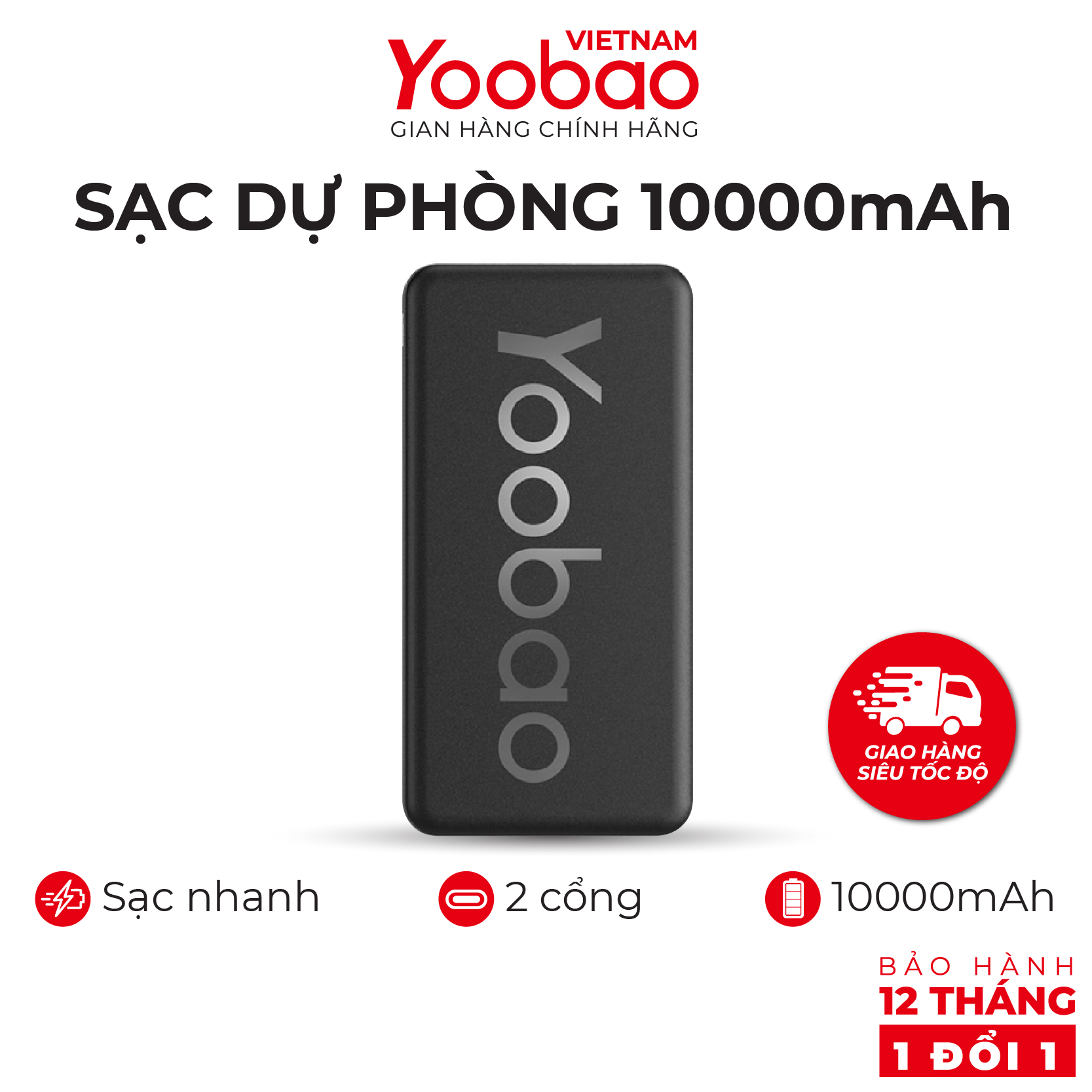 Sạc dự phòng 10000mAh Yoobao P10T Sạc nhanh 2.1A - Hàng phân phối chính hãng