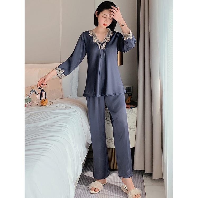 Đồ Bộ Nữ - Bộ Lụa Dài Tay Sang Màu Trơn Xanh và Hồng Cổ Áo Cách Điệu Viền Ren DDLP19