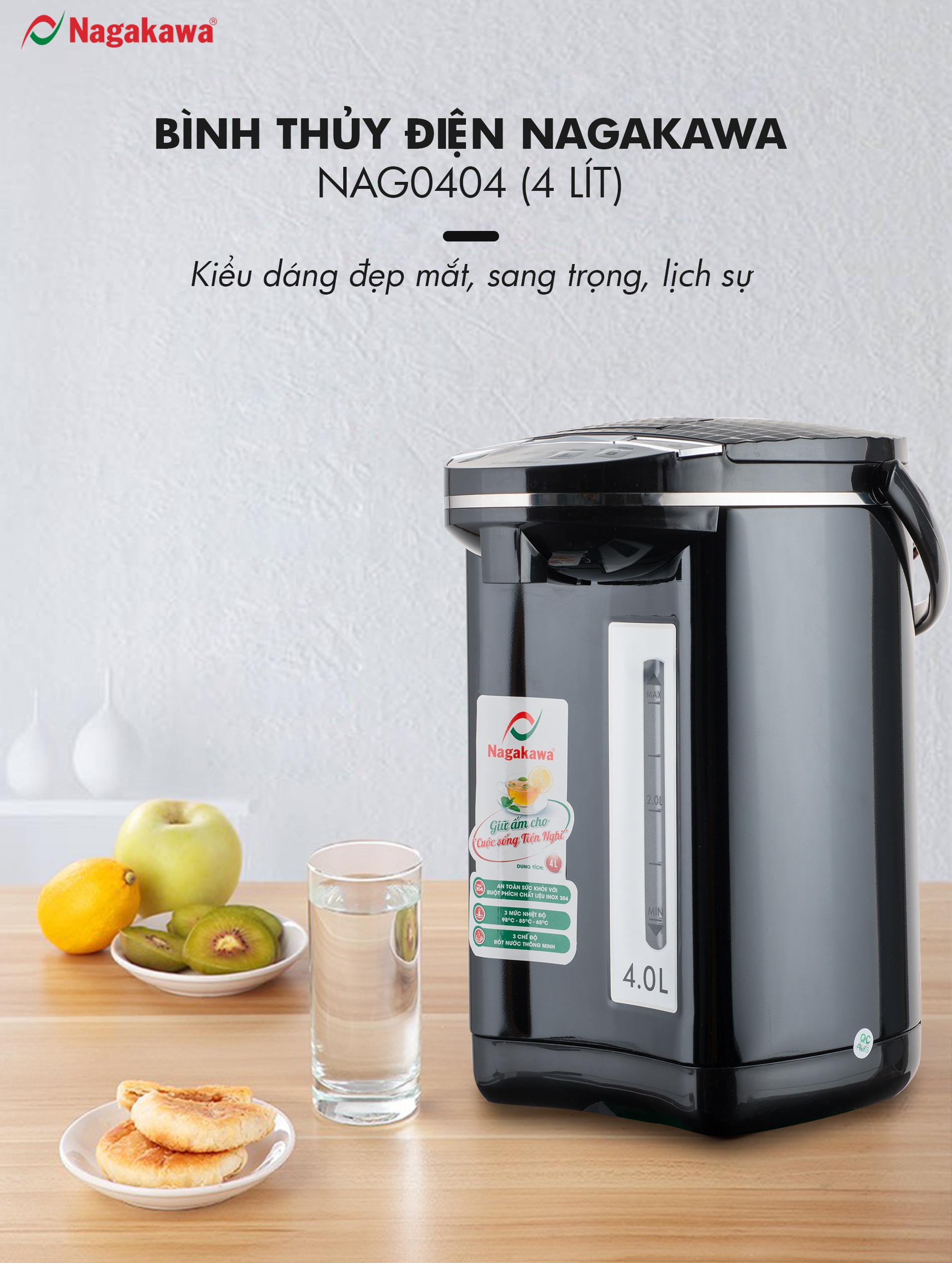 Bình Thủy Điện 3 Mức Nhiệt Nagakawa NAG0404 (4.0 Lít) - Hàng Chính Hãng