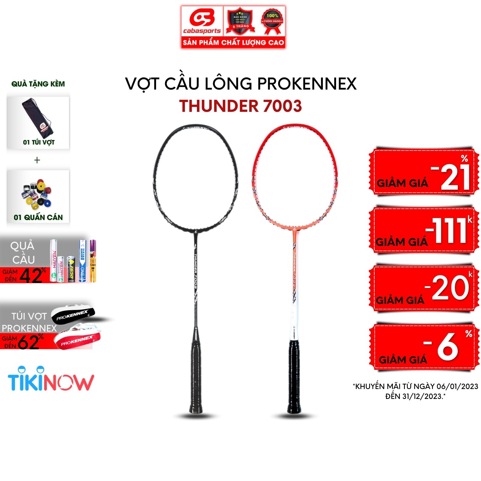 Vợt cầu lông chính hãng carbon thể thao chuyên công siêu mạnh ProKennex Thunder 7003 (1 cây) - Tặng kèm quấn cán và túi vải Cabasports