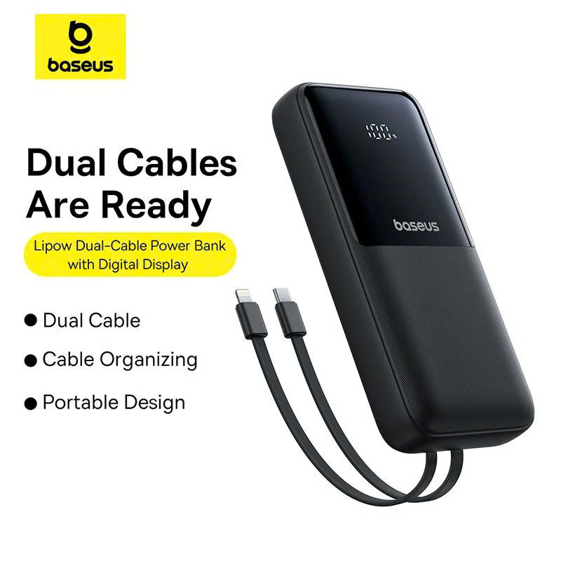 Pin Sạc Dự Phòng Baseus Lipow Dual-Cable 20000mAh 22.5W (Digital Display, With USB to C 3A 0.2m) hàng chính hãng