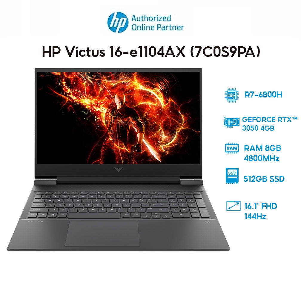 Laptop HP Victus 16-e1104AX (7C0S9PA) (R7-6800H | 8GB | 512GB | GeForce RTX 3050 4GB | 16.1' FHD 144Hz | Win 11) Hàng chính hãng