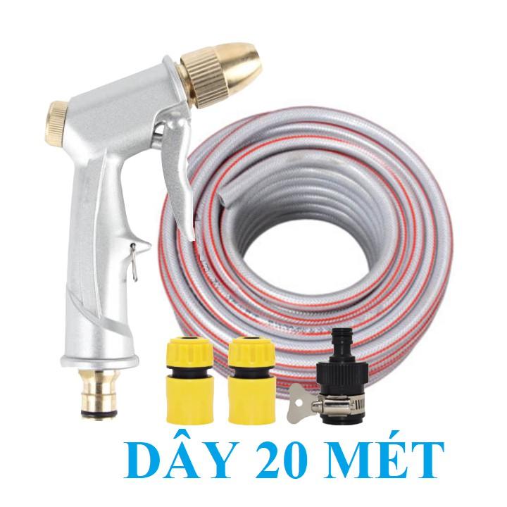 Bộ dây vòi xịt nước rửa xe, tưới cây . tăng áp 3 lần, loại 20m 206701 đầu đồng,cút,nối đen+ tặng đai