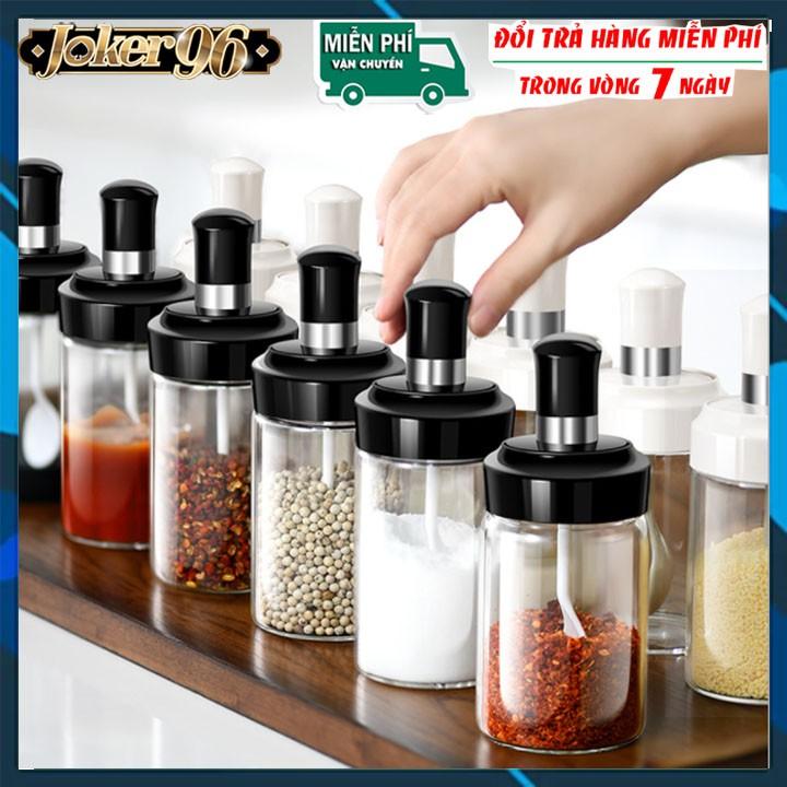 Lọ đựng gia vị, dầu ăn, nước chấm bằng thủy tinh trong suốt kèm muỗng tiện lợi