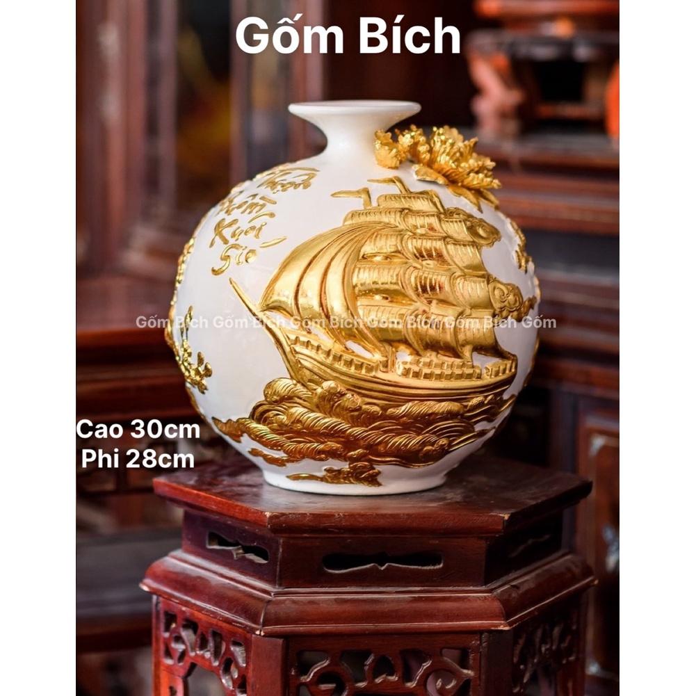 Bình Hút Tài Lộc Cao 30cm Thuận Buồm Xuôi Gió Đắp Nổi Dát Vàng Gốm Sứ Bát Tràng - Gốm Bích