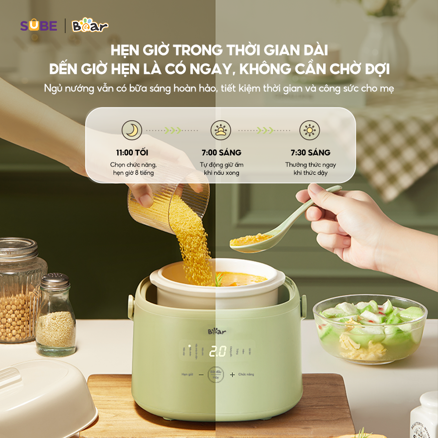 Nồi Nấu Chậm Bear 1L Chính Hãng 8 Chế Độ Nấu Hầm Chưng Yến Tiết Kiệm Thời Gian Giữ Trọn Dinh Dưỡng SB-NNC10 - Hàng Chính Hãng