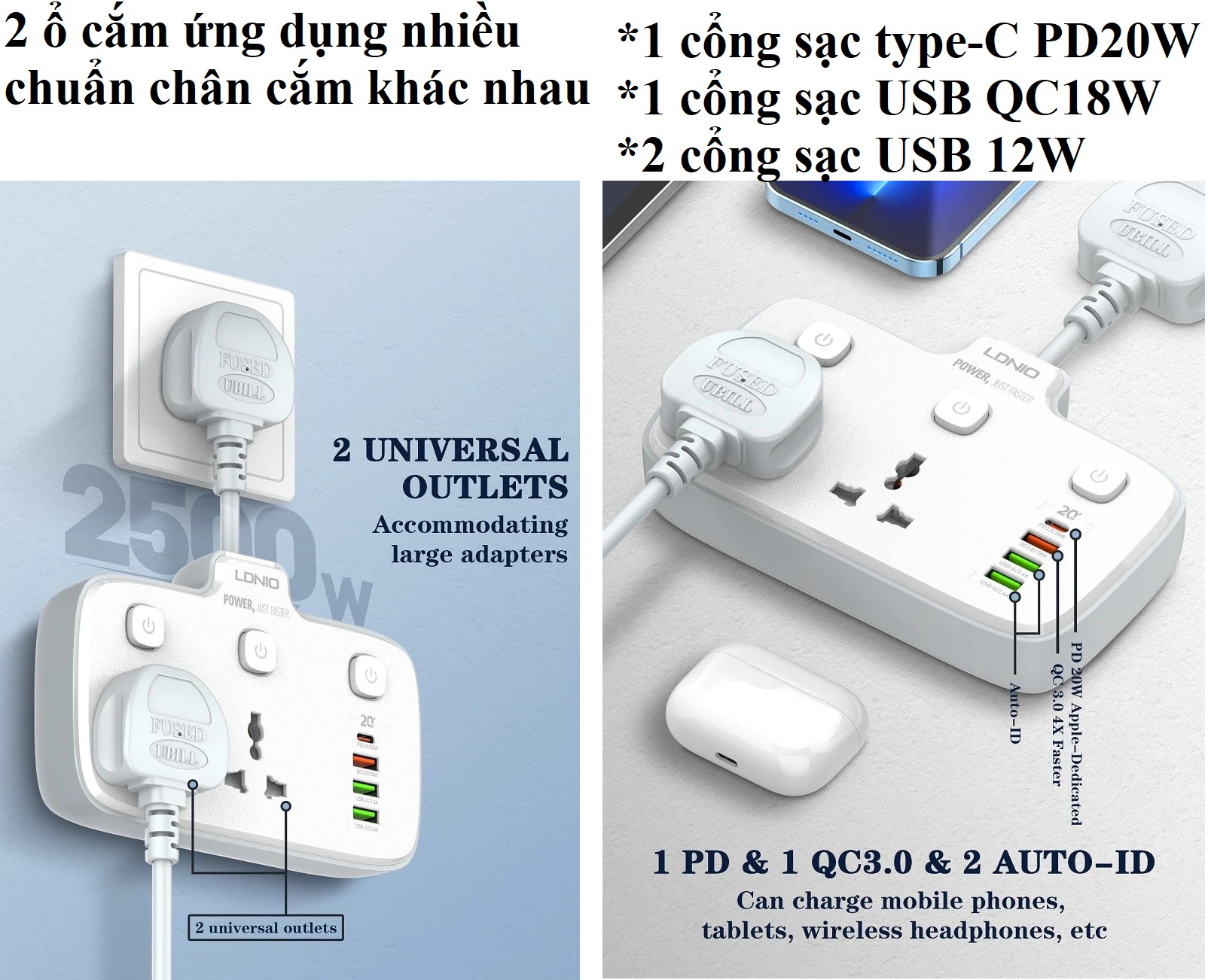 Ổ cắm đa năng 2500W hỗ trợ sạc nhanh QC18W PD20W tích hợp công tắc nguồn riêng LDNIO SC2413 _ Hàng chính hãng
