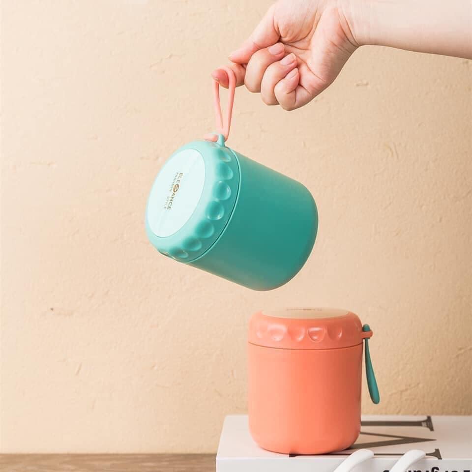 BÌNH GIỮ NHIỆT KIÊM CA Ủ CHÁO MIỆNG TO DỄ DÀNG LẤY ĐỒ ĂN HOẶC VỆ SINH SAU KHI DÙNG, DUNG TÍCH 430ML CÓ KÈM THÌA NHỰA CAO CẤP
