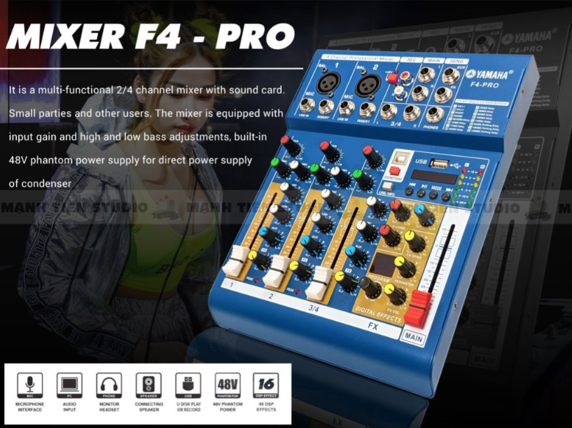 Bàn trộn Mixer Yamaha F4 Pro - Tích hợp vang số 16 chế độ vang - Tích hợp soundcard livestream