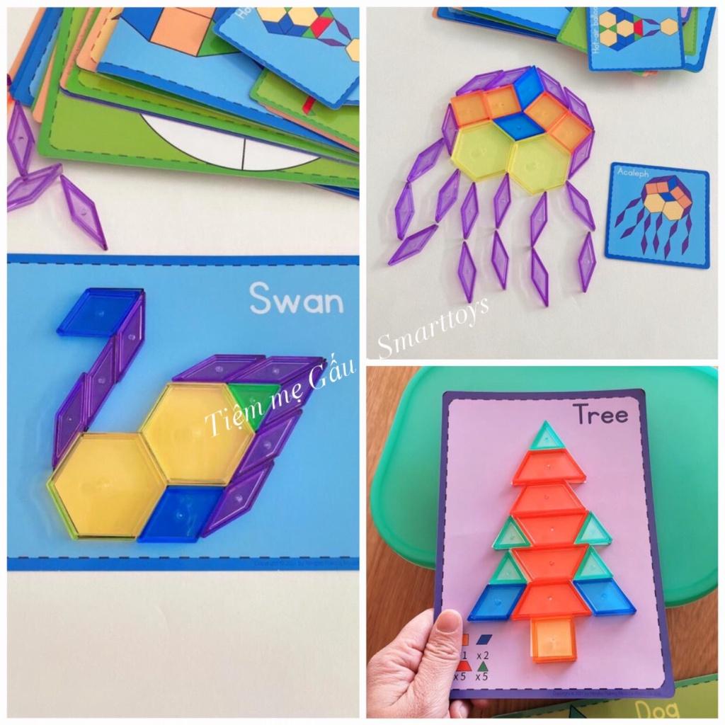 GIÁO CỤ MONTESSORI THẦN THÁNH LÀ ĐÂY PATTERN BLOCKS 140 PCS BỘ 6 HÌNH KHỐI 6 MÀU CƠ BẢN KÈM THẺ HƯỚNG DẪN VÀ HỘP ĐỰNG