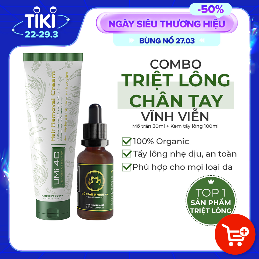 COMBO TẨY TRIỆT LÔNG CHÂN TAY VĨNH VIỄN UMISKIN tại nhà | Mỡ trăn triệt lông vĩnh viễn U Minh Hạ (30ml) &amp; Kem tẩy lông Umi 4C (100ml) an toàn cho da nhạy cảm