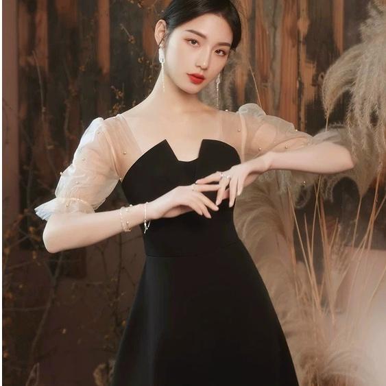 Đầm nữ dự tiệc cổ vuông tay ngắn phối ren màu đỏ đen dịp lễ tết nhẹ nhàng