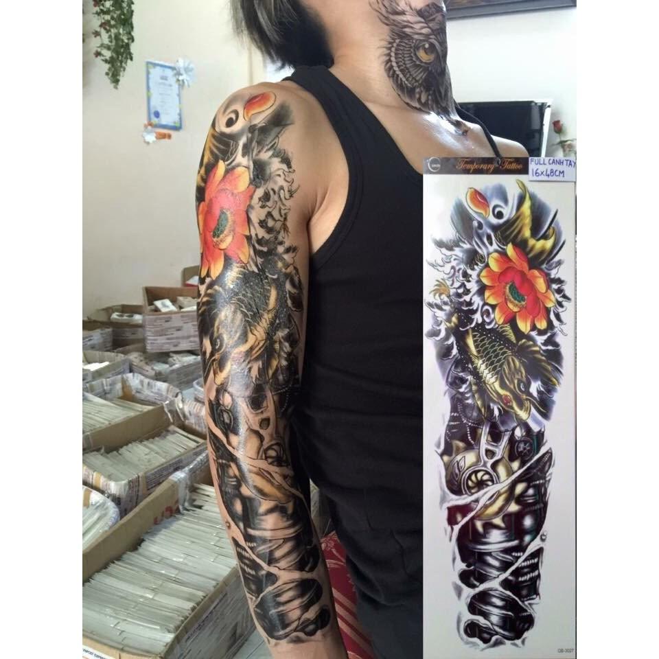Combo 2 tấm hình xăm dán kín tay cao cấp cá chép đồng 17x48cm- tặng bắp tay mini 10x20cm