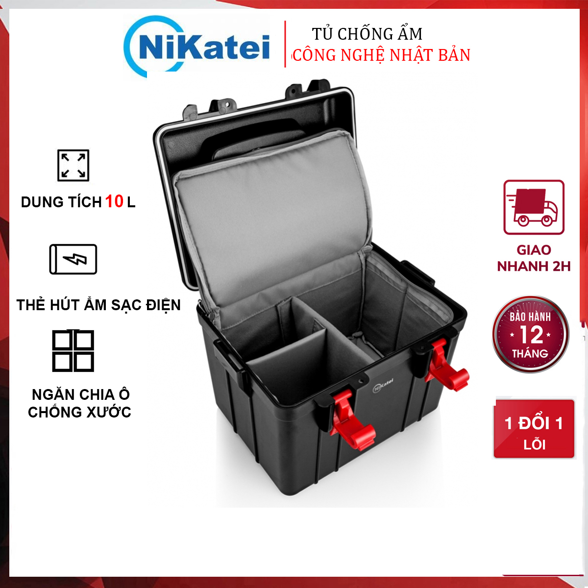 Hộp Chống Ẩm  xách tay Nikatei Drybox NC-10 ( Dung tích 10 Lít, bộ hút ẩm dùng điện sạc)- Chính hãng bảo hành 12 tháng