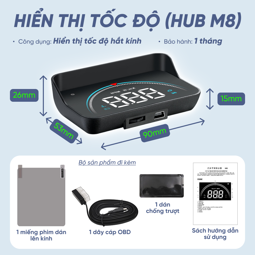 Thiết bị hiển thị và cảnh báo tốc độ hắt kính lái xe ô tô Hud M8 - OBD 2, dùng được cho đa phần các loại xe