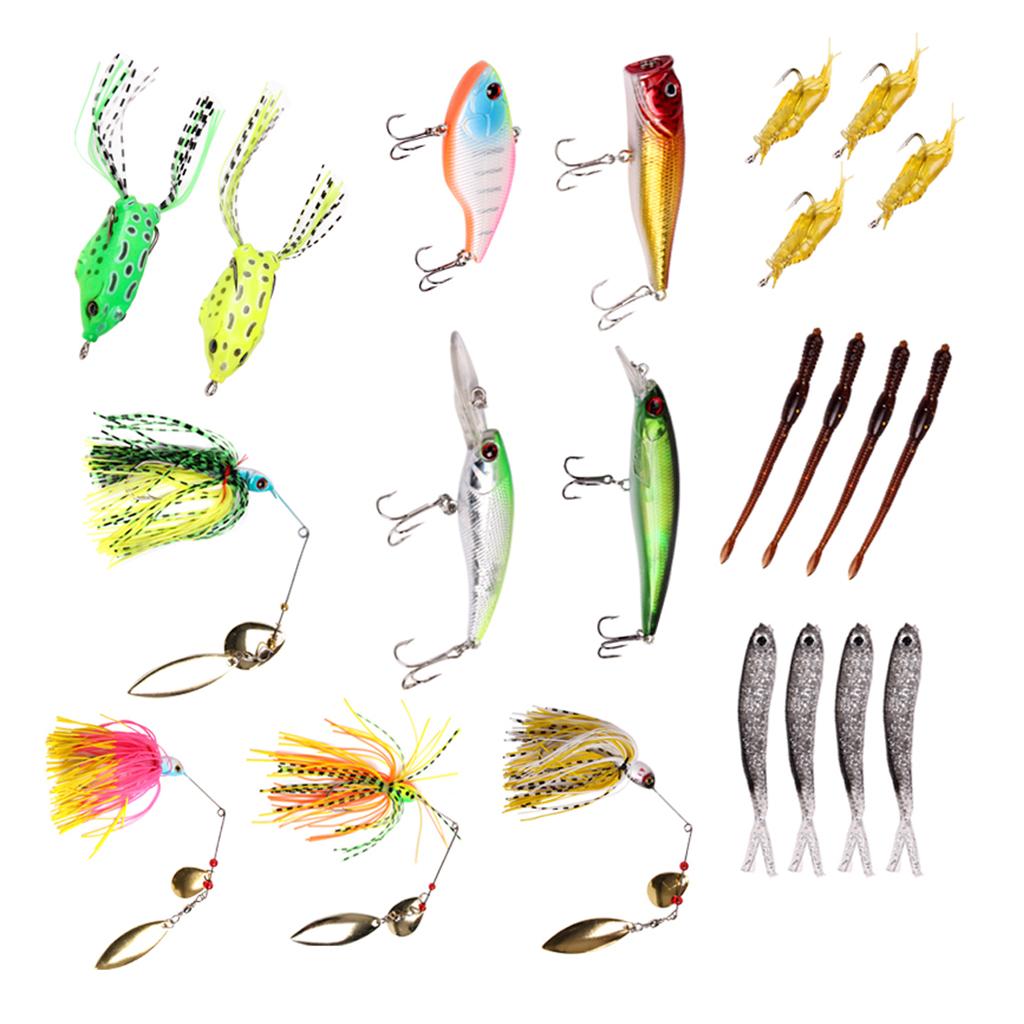 22pcs Fishing Lures Kit Soft Hard Baits Bass Popper Shrimp Minnow VIB Bait with Box for Freshwater Saltwater