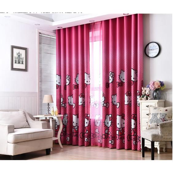 Rèm Cửa Trang Trí Cao Cấp Hoạt Hình Mẫu Mèo Hello Kitty Màu Hồng Chấm Bi Siêu Xinh