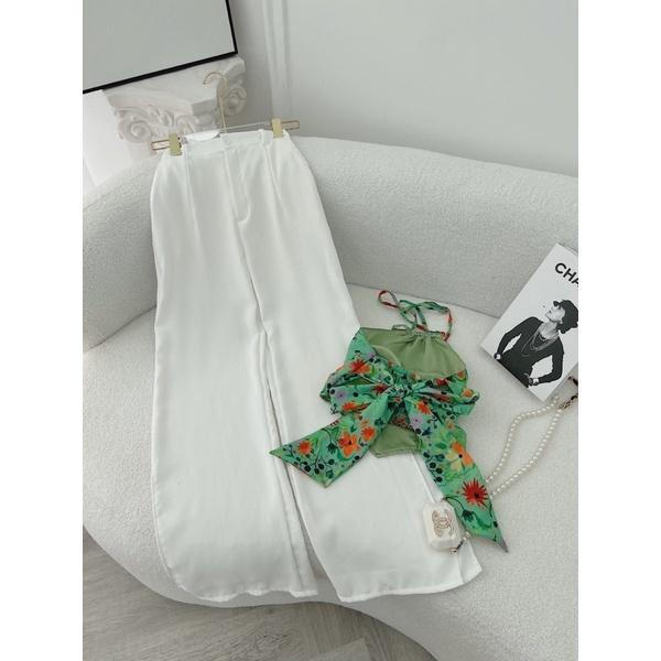 Set áo croptop cổ yếm hoa xanh lá cột dây lưng kèm quần suông trắng