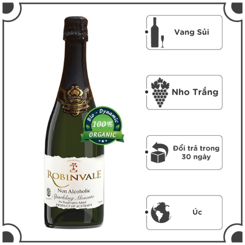 Vang sủi Robinvale Grape Sparkling 750ml - Không Cồn Organic - Moscato (Nho Trắng)