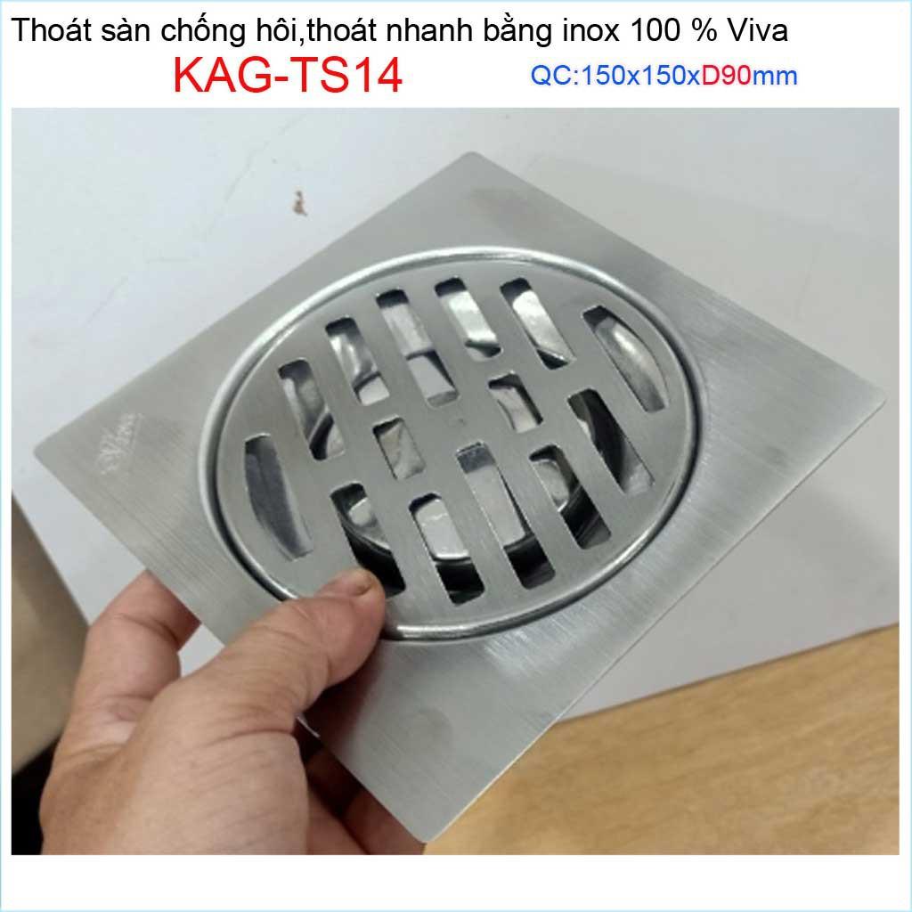 Hố ga thoát sàn Viva ống D90-9cm Inox mờ, phễu thoát nước chống hôi D90 vuông 15x15cm KAG-TS14