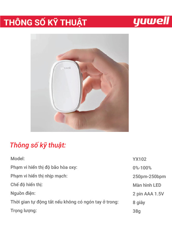 Máy đo nồng độ oxy trong máu SPO2 và nhịp tim Yuwell YX102