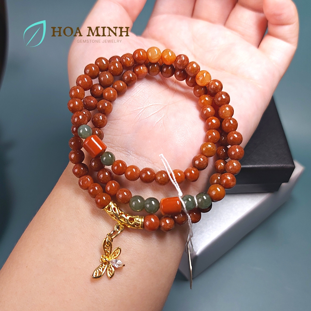 Vòng tay chuỗi Cẩm Thạch Huyết size 5.5 li phong cách đeo quấn 3 vòng phối charm bướm, ngọc jasper, có thể làm vòng cổ