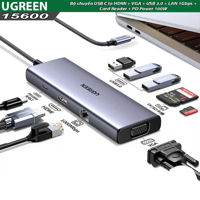 Bộ chuyển USB C sang HDMI + VGA + USB 3.0 + LAN 1Gbps + Card Reader + PD Power 100W Ugreen 15600 - Hàng Chính Hãng